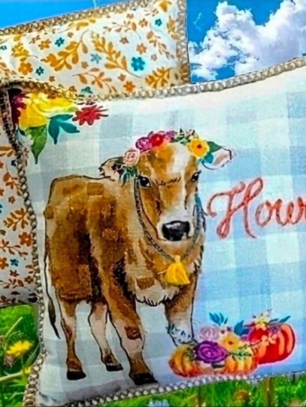 NWT. Pair of Pioneer Woman Cow Howdy Floral Gingham Throw Pillows.